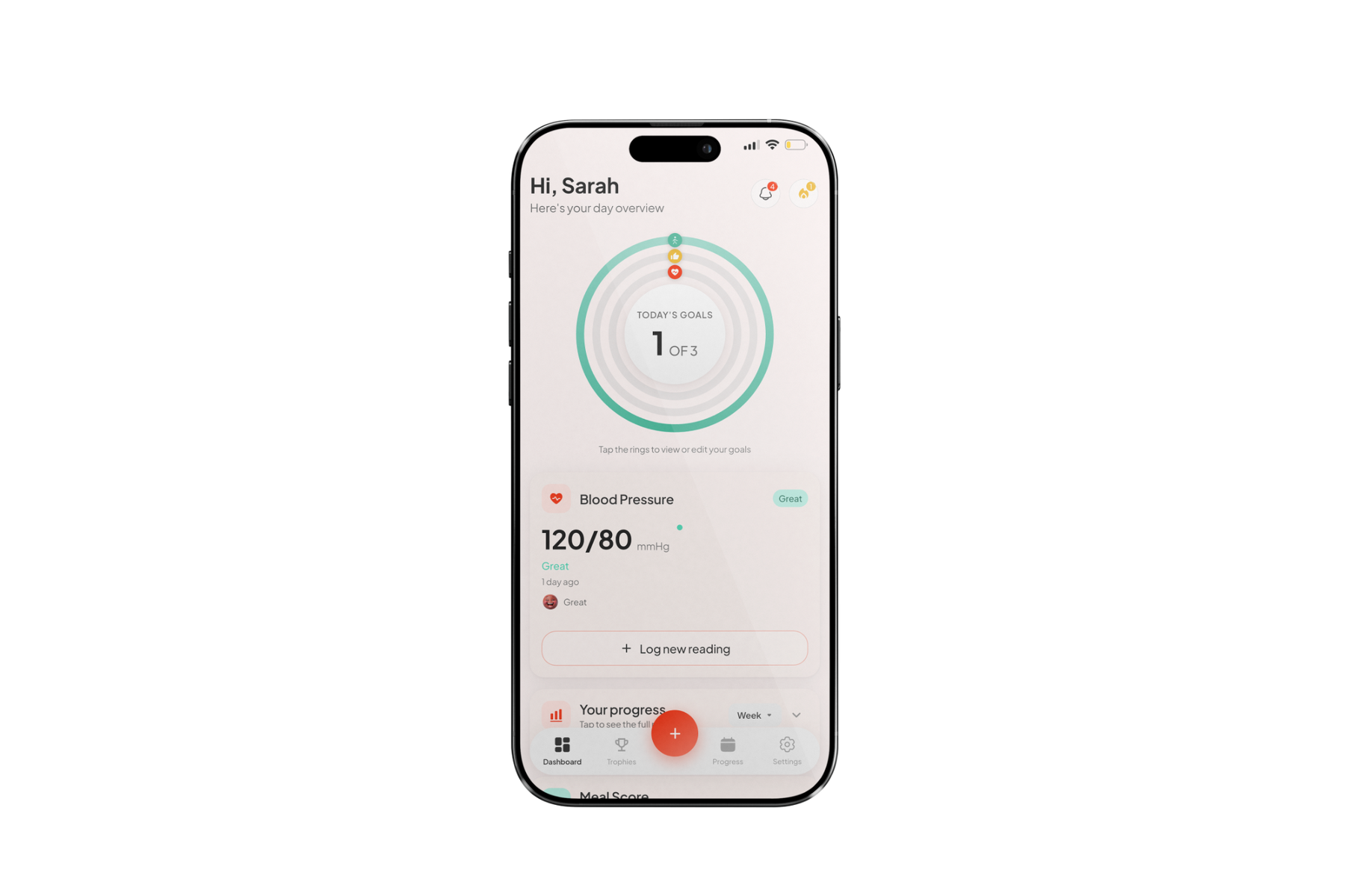Blood Health AI app dashboard with one of three daily goals completed