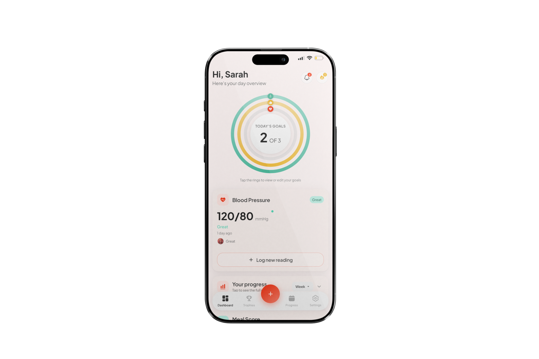 Blood Health AI app dashboard with two of three daily goals completed