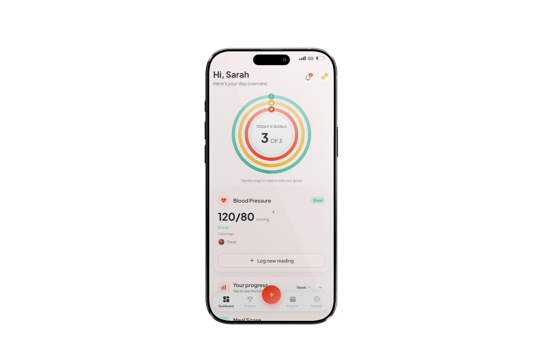 Blood Health AI app dashboard with all three daily goals completed