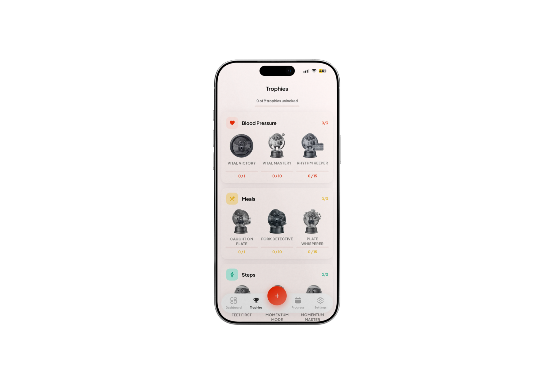 Blood Health AI trophies screen with 0 of 9 trophies unlocked