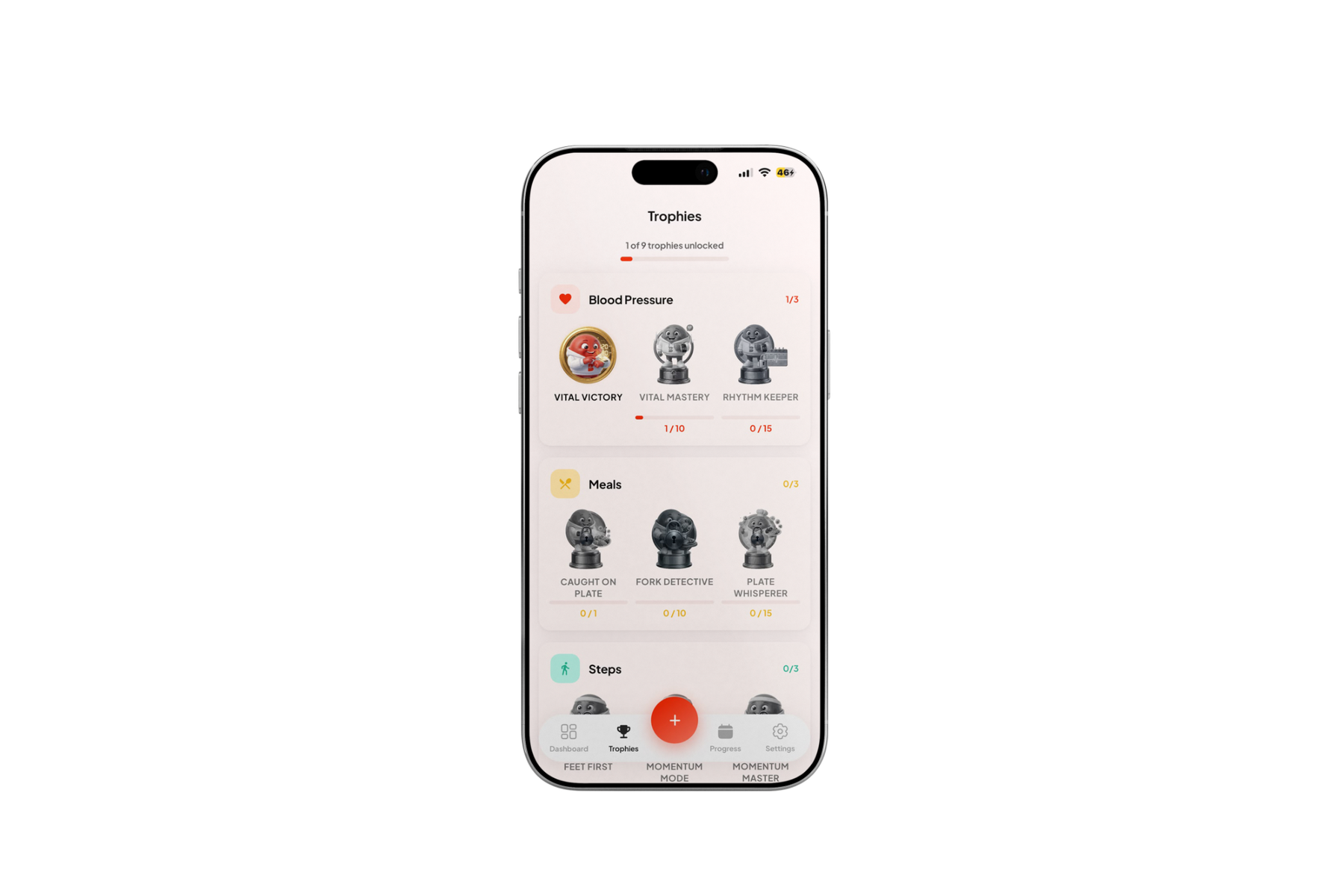 Blood Health AI trophies screen with the first blood pressure trophy unlocked