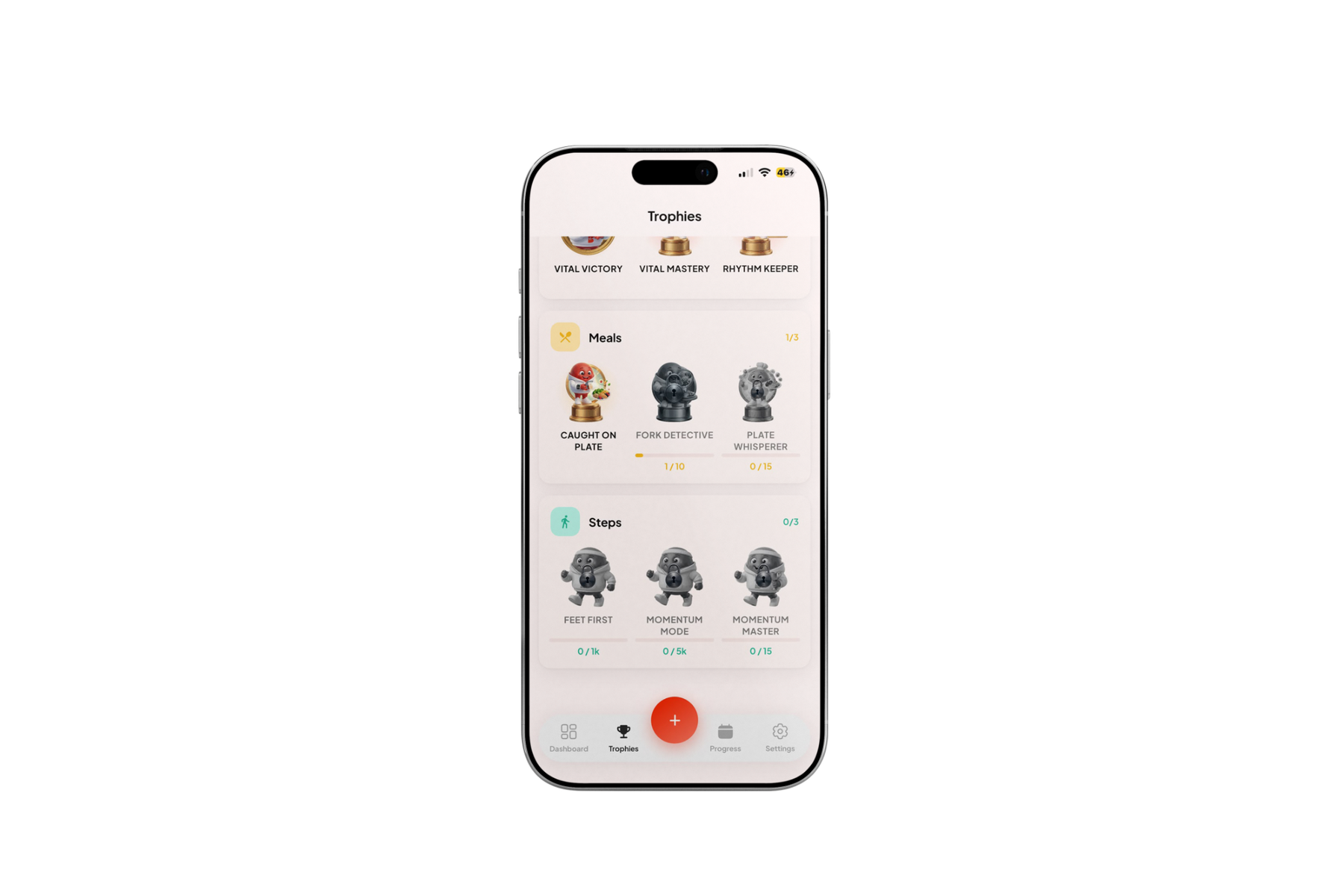 Blood Health AI trophies screen with the first meals trophy unlocked