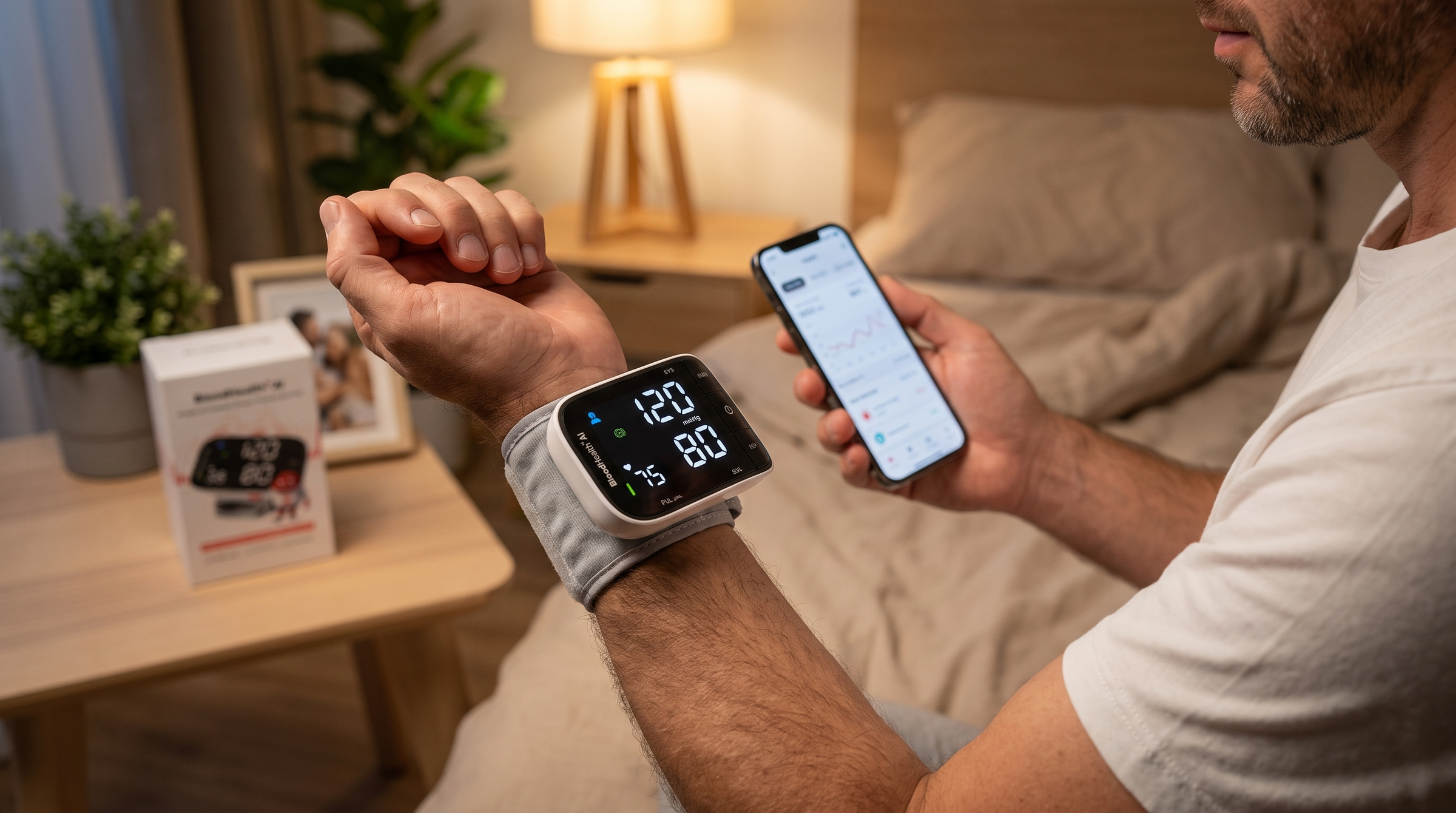 Man checking his wrist blood pressure monitor while viewing results on his phone