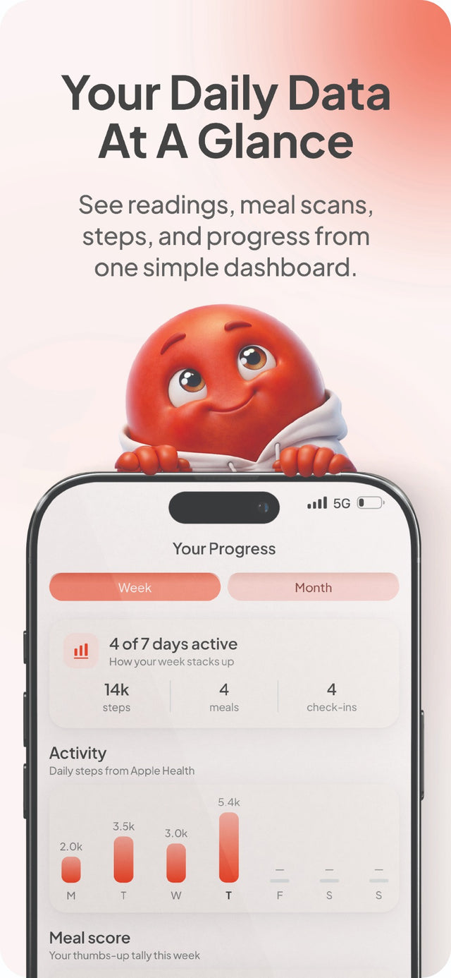 Blood Health AI app showing daily activity, meals, check-ins, and progress at a glance