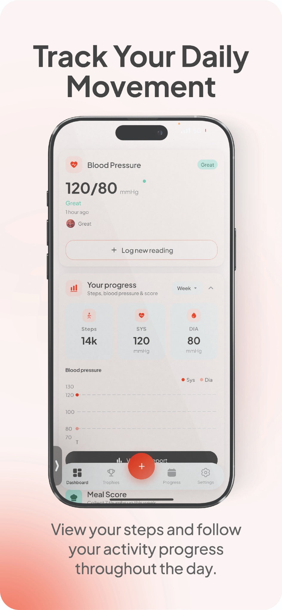 Blood Health AI app dashboard showing blood pressure and daily movement progress