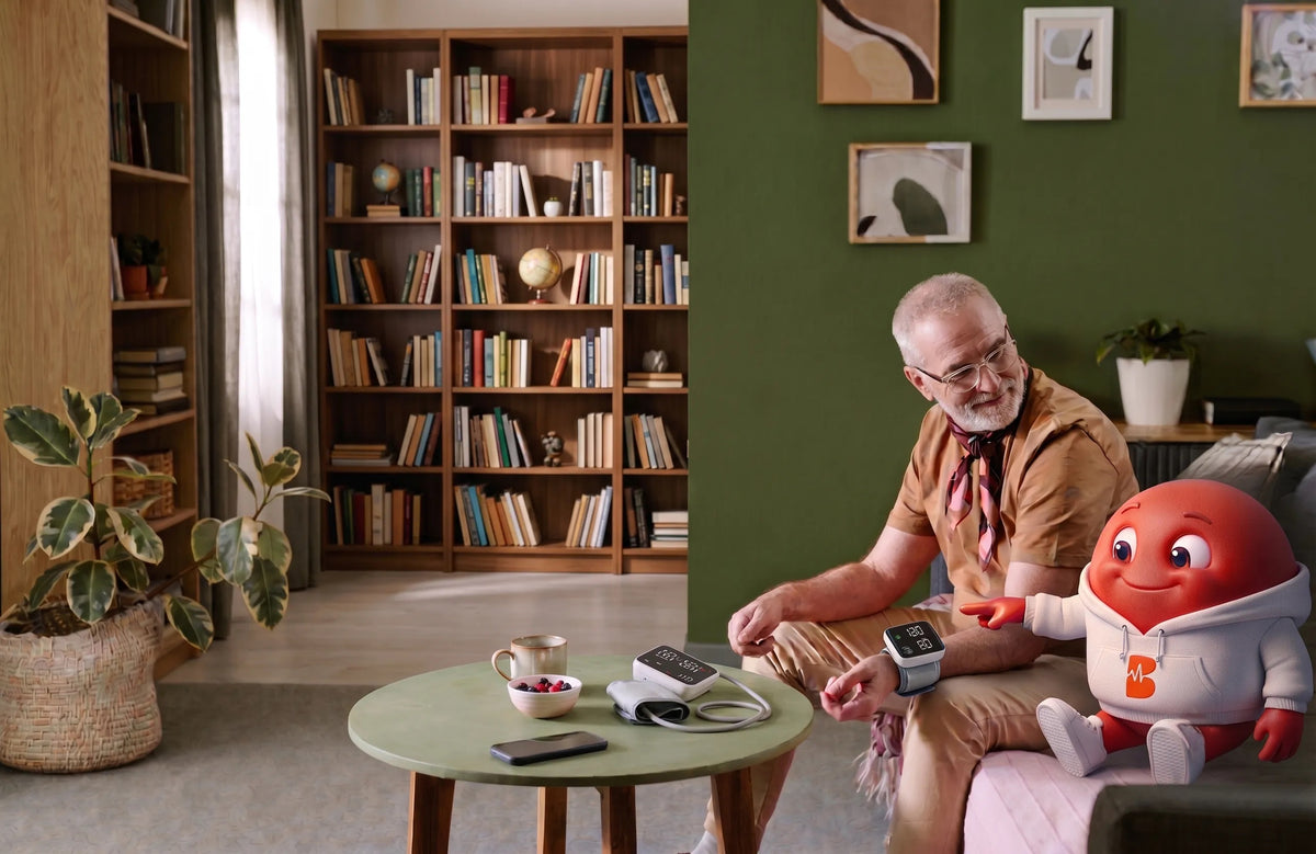 Older man on a sofa checking his wrist blood pressure monitor while the Blood Health AI mascot points at the reading