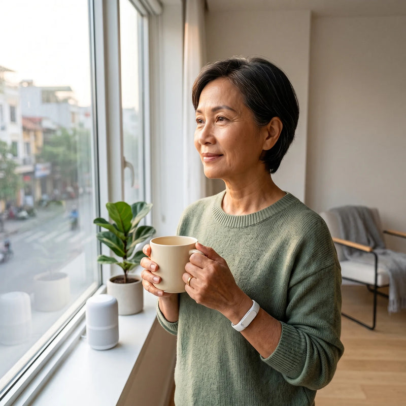 Woman wearing a wrist monitor enjoying a cup of tea by the window
