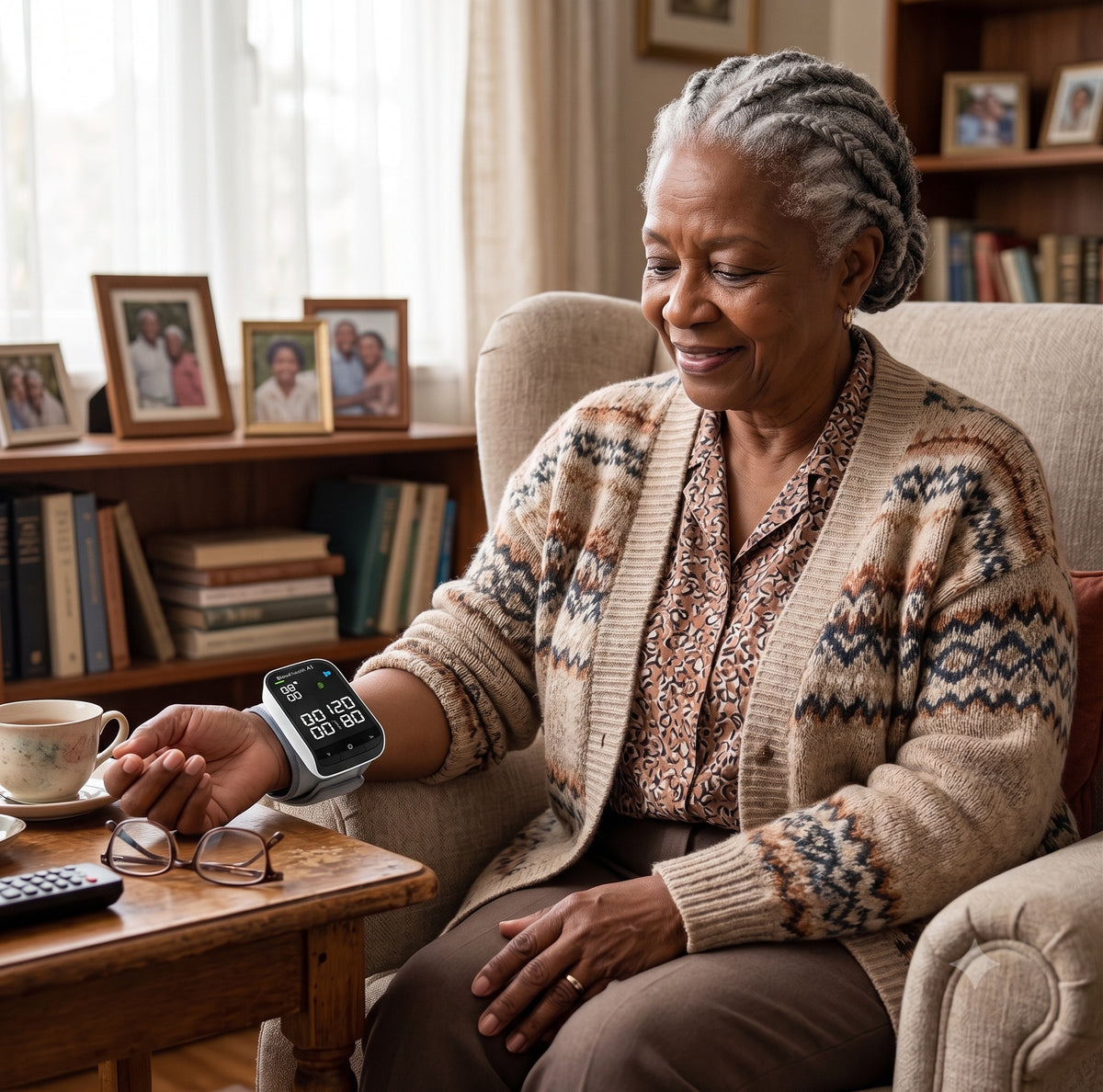 Smiling older woman seated in her living room, taking a reading with the Blood Health AI wrist monitor beside a cup of tea