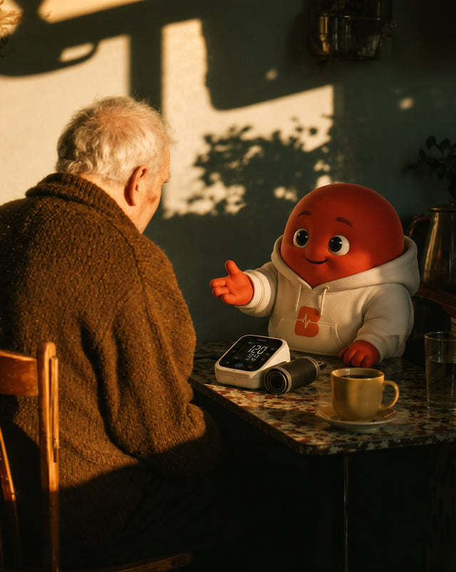 An elderly man takes a blood pressure reading at a kitchen table while the Blood Health mascot talks him through it.