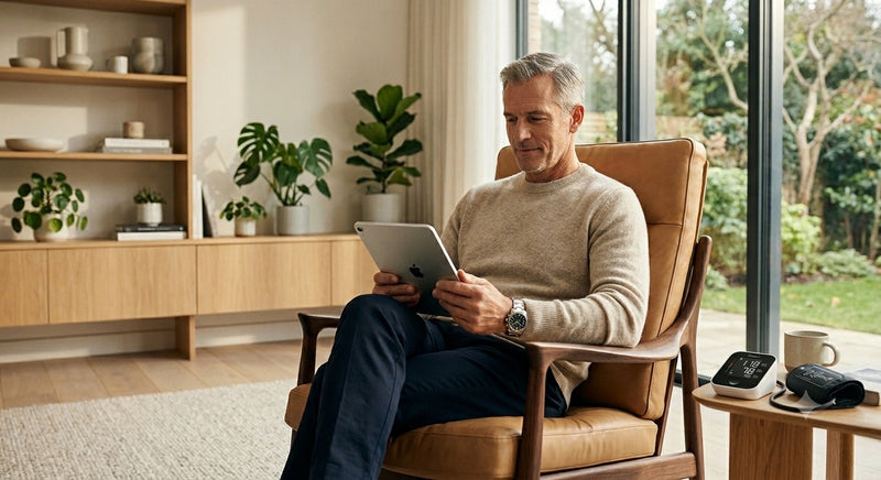 Man relaxing in an armchair by a window, reading a tablet with a Blood Health AI monitor on the side table