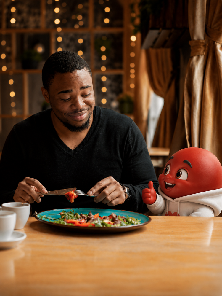 Man enjoying a healthy meal at home while the Blood Health AI mascot gives a thumbs up