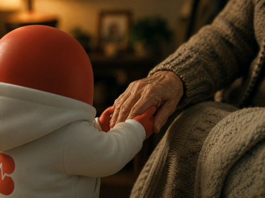 The Blood Health AI mascot gently holding an elderly person’s hand