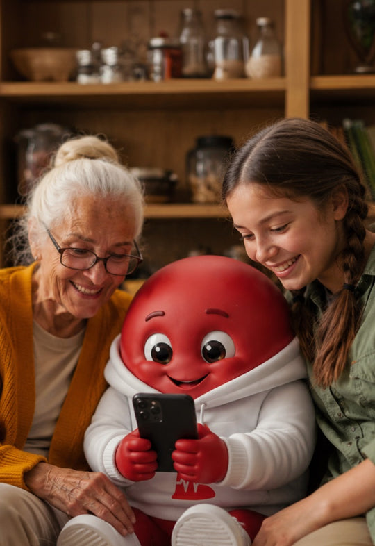 A grandmother and her granddaughter smiling at a phone with the red Blood Health AI mascot robot